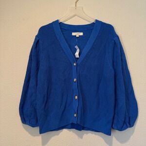 LOFT Royal Blue Cotton Shaker Stitch Puff Sleeve V-Neck Cardigan Sweater XXL NEW